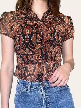Etcetera y2k sheer silk paisley patterned brown/orange ruffled tee XSmall